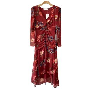 ASTR Floral Ruched Front Slit Midi Dress High-Low Hem Size S NWT